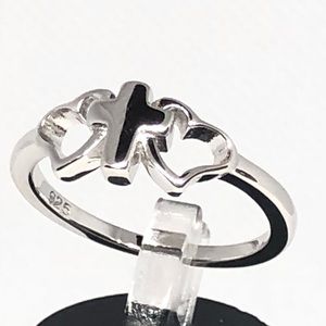 Sterling Silver Cross with 2 Hearts Ring
